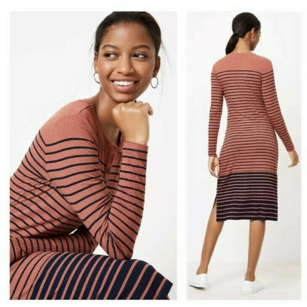 Loft Striped Henley Midi Dress Stripes Stretch XL